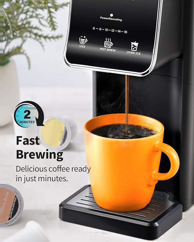 Hot & Iced Single Serve Coffee Maker, K Cup Pod Coffee Maker Compatible with Grounds, Reusable Filter, 6–16oz Brew Sizes, Large 40oz Water Tank, Easy to Use, Black