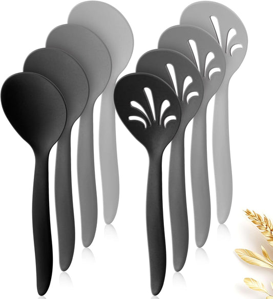 8 Pack 10" Large Reusable Plastic Wheat Straw Serving Spoon Set, 4 Serving Spoons & 4 Slotted Spoons, Kitchen Mixing Serving Spoon for Buffet Chafing Dish Catering (Gray Ombre/Not for Cooking)
