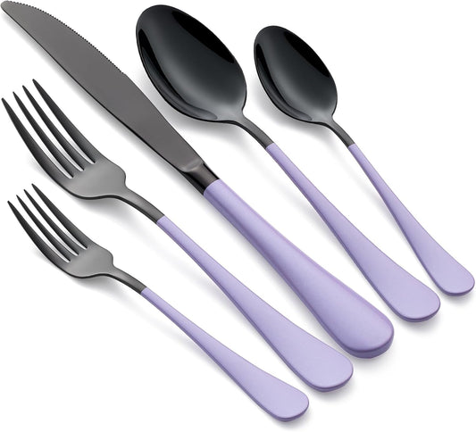 20-Pieces Purple and Black Silverware Sets for 4,Purple Handle Stainless Steel Cutlery Set, Include Forks Spoons and Knives Set, Dishwasher Safe Utensil Sets for Home Restaurant