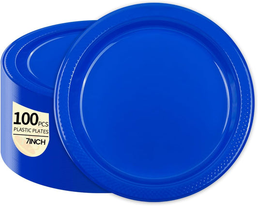 100 pcs Blue Plastic Plates Disposable 7inch Party Dessert Dinner Plates Heavy Duty for Party,Wedding, Valentines,Christmas,Thanksgiving day