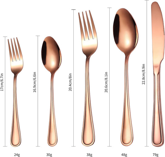 20 Pieces Rose Gold Flatware Set for 4 Person Luxury Stainless Steel Cutlery Forks Knives Spoons Modern Eating Utensils Double Line Edges Handle
