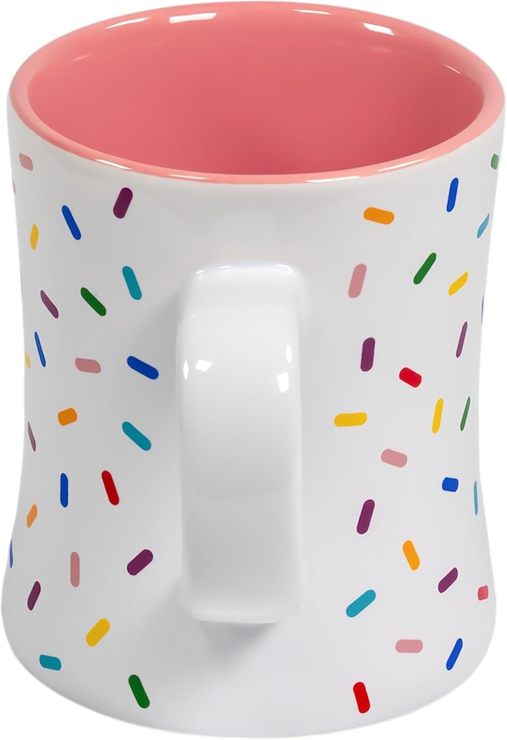 Mug | Rose Pink Cute Coffee Mug with Rainbow Sprinkles | Birthday Cake Coffee Cup Gift | White Ceramic Cup with Green, Yellow, Red, Pink, and Blue Sprinkles | Fun Colorful Pattern