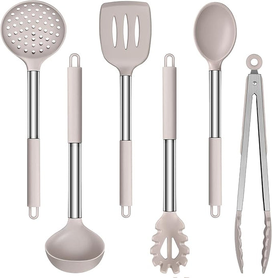LIANYU Cooking Utensils Set of 6, Silicone Kitchen Utensils Set for Nonstick Cookware, Heat Resistant Kitchen Gadgets Tools, Includes Spatulas, Spoons, Tongs, Stainless Steel Handle, Khaki