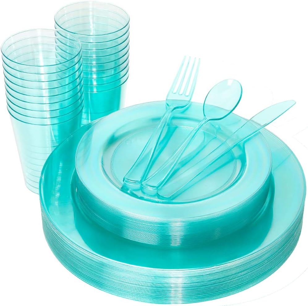 WDF 25 Guest Green Plastic Plates with Disposable Silverware&Green Cups-Neon Clear Plastic Dinnerware include 25 Dinner & Salad Plates,25 Forks, 25 Knives, 25 Spoons,25 Cups for Party