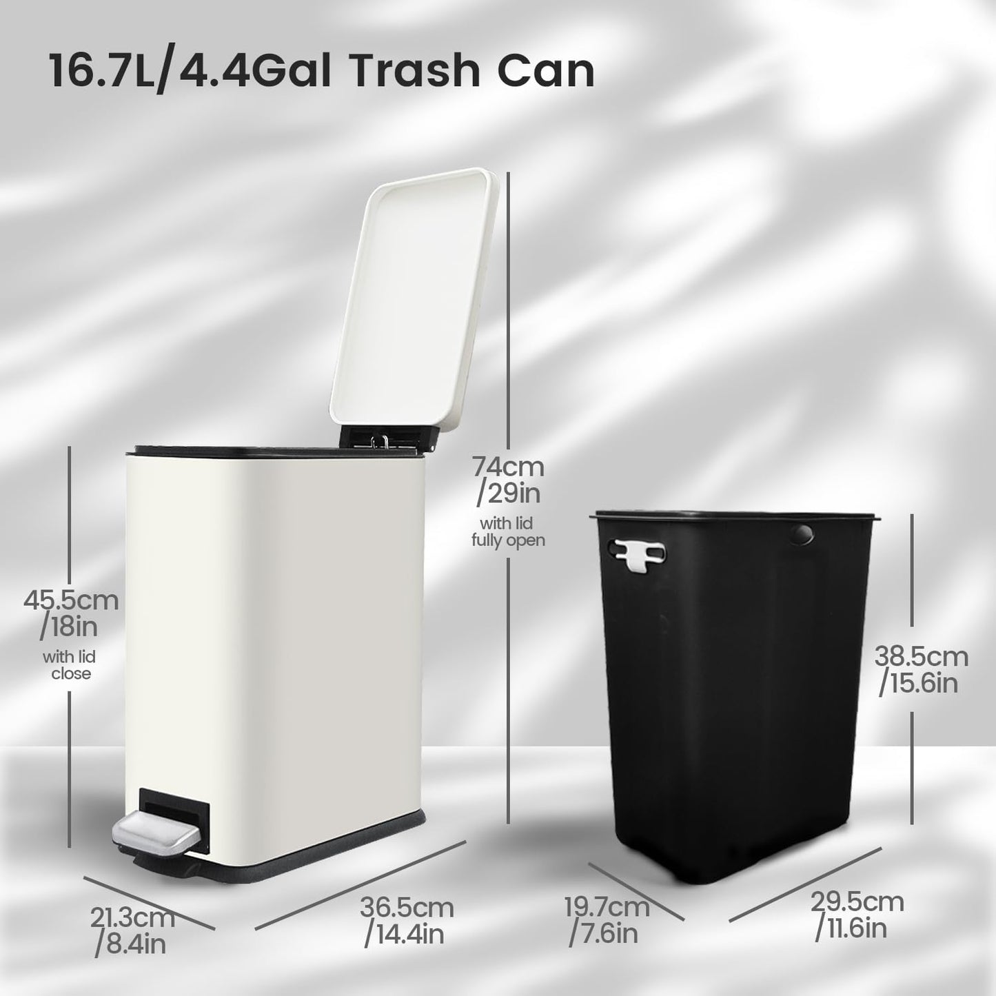 Large Bathroom Trash Can, 16.7L/ 4.4 Gallon Trash Can with Removable Wastebasket, Hand Free Garbage Can with Soft close Lid, Stainless Steel Skinny Trash Bin for Bedroom, Home Office, White