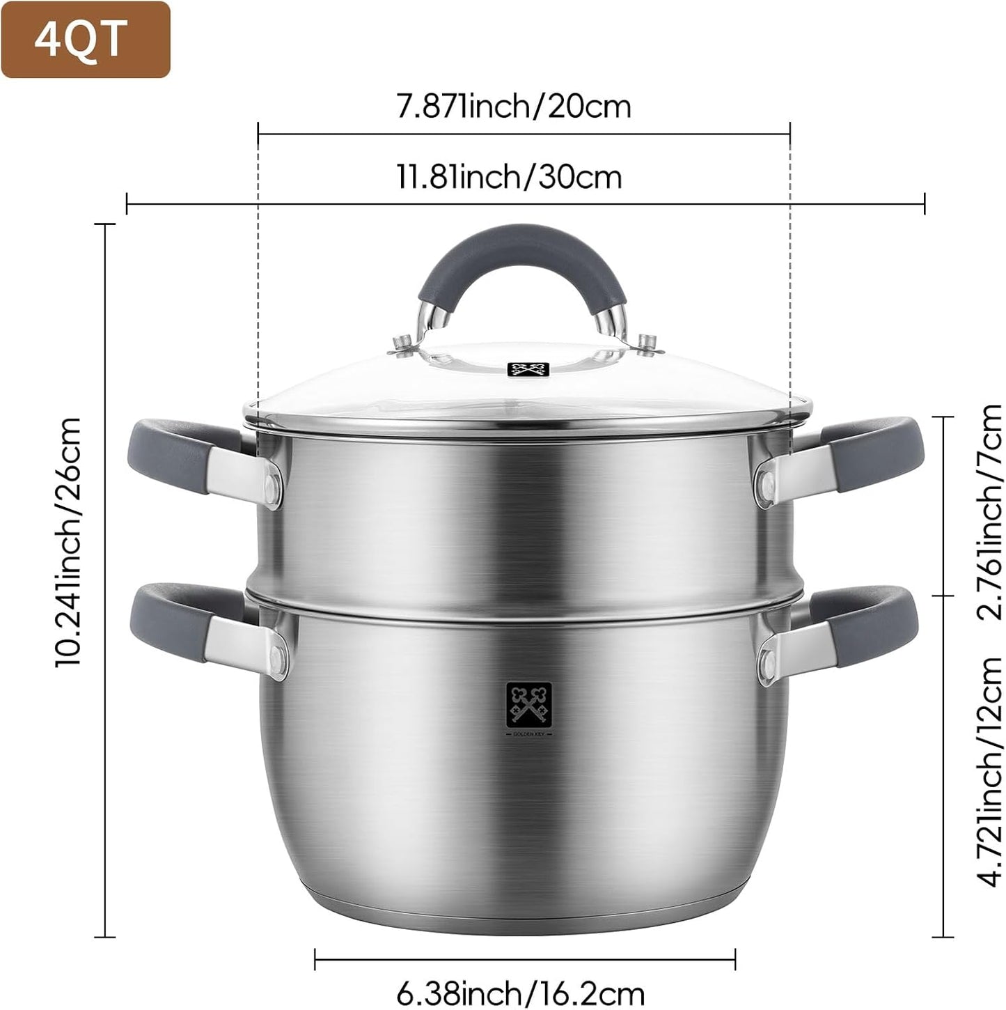 GOLDEN KEY 4.0 QT Steamer for Cooking,Steamer Pots with Vegetable Steam Basket,2-Tier Multipurpose 18/8 Stainless Steel Steaming Pot Cookware for Vegetable,Soup, Food,Dumplings,Oven & Dishwasher Safe