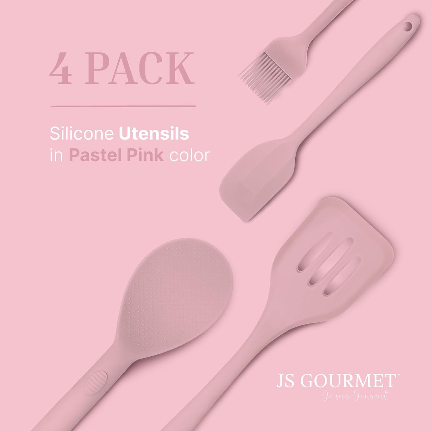 Silicone Utensils 4-Piece Set – Rubber Spatula, Pastry Brush, Slotted Turner, and Rice Paddle – Complete Heat-Resistant Set for Non-Stick Cookware – Kitchen Tools for Cooking and Baking – Pastel Pink