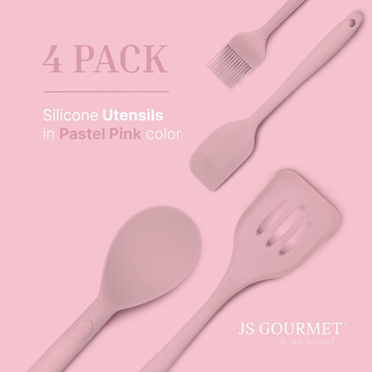 Silicone Utensils 4-Piece Set – Rubber Spatula, Pastry Brush, Slotted Turner, and Rice Paddle – Complete Heat-Resistant Set for Non-Stick Cookware – Kitchen Tools for Cooking and Baking – Pastel Pink