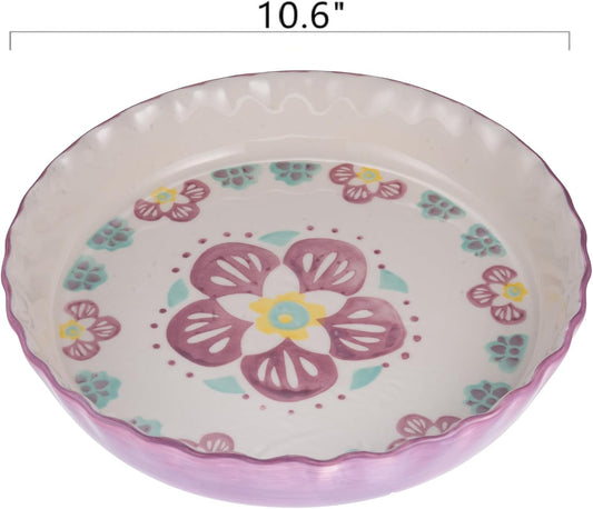 Ceramic Pie Pan Pie Dish for Oven 10 Inch Pie Plate Round Bakeware (Flower)