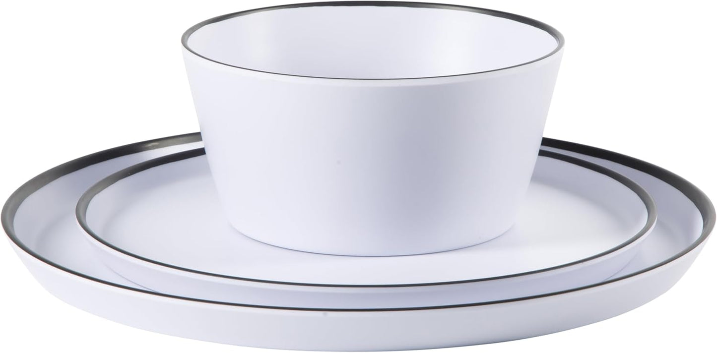 Gibson Home Folsom Shores 12 Piece Unbreakable Modern Melamine Plates and Bowls Dinnerware Set - Outdoor, Camping, & Everyday Use - White W/Black Rim