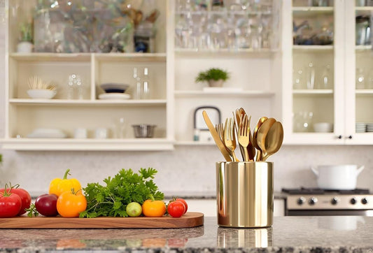 Gold Utensils Holder, Caddy Cutlery Holder Silverware, Utensils Organizer Elegant white Porcelain, Spoon Holder for Party Tableware Holder for Kitchen Table, Cabinet