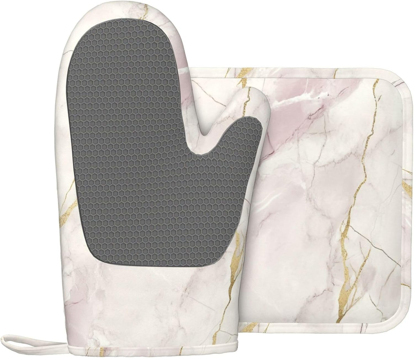 Oven Mitts and Pot Holders Light Pink White Marble Silicone Kitchen Accessories Set of 2 Heat Resistant Long Gloves Potholder Non-Slip Grip for Chef Cooking Baking Grilling BBQ