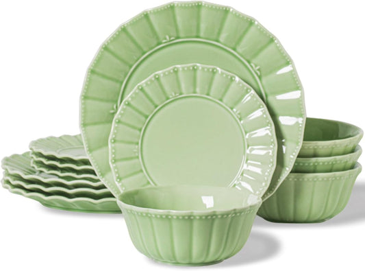 12 Piece plates and bowls sets for 4, Dinnerware set, Porcelain Dish Set, House gift, Microwave and Dishwasher Safe, Mint Glow Green