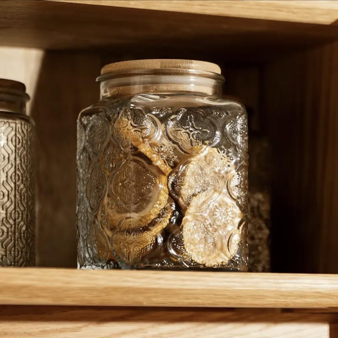 25.3oz Airtight Square Glass Jar, Vintage Decorative Storage Canister with Bamboo Lid, Glass Food Storage Container for Candy Snack Cookies Coffee Tea Nuts, Cute Jar (Square Begonia)