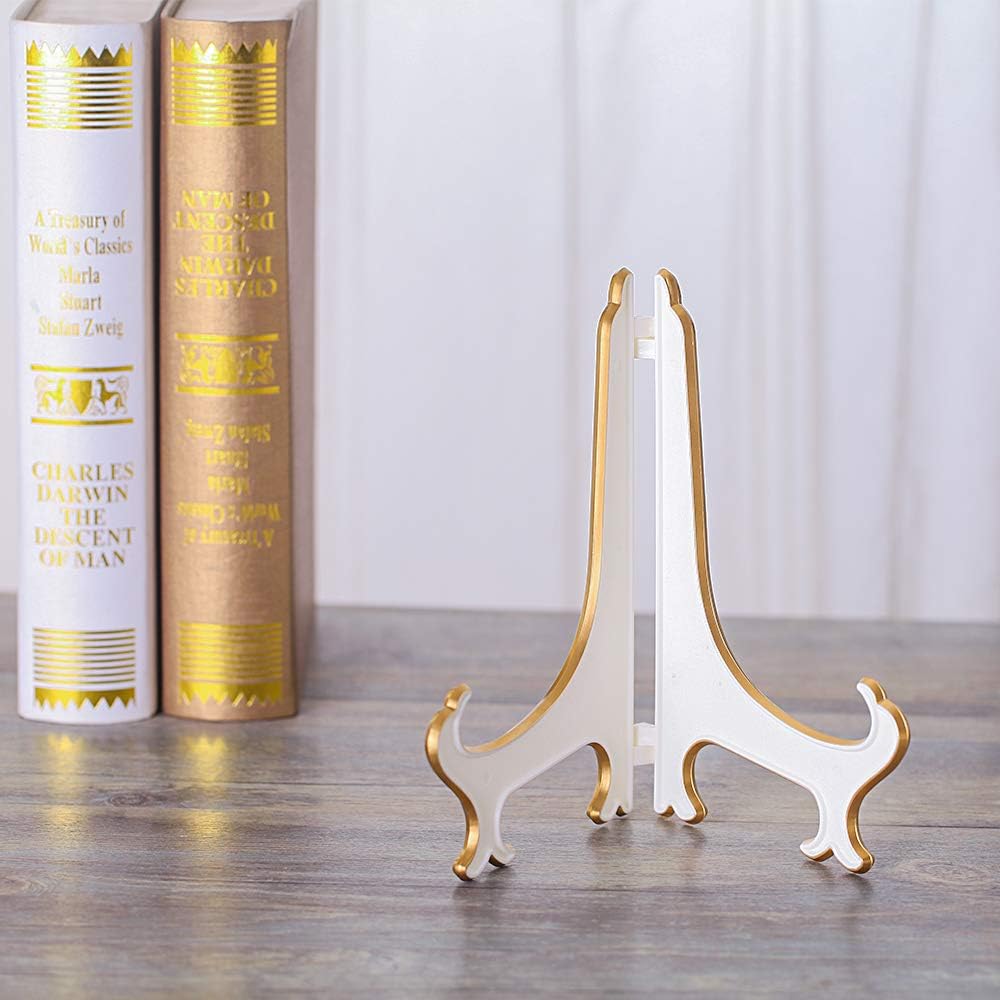 Artliving 8" Decorative Plate Stand Holder Plastic Picture Easel Display Stand Picture Frame Stand White Gold (2 Pack)