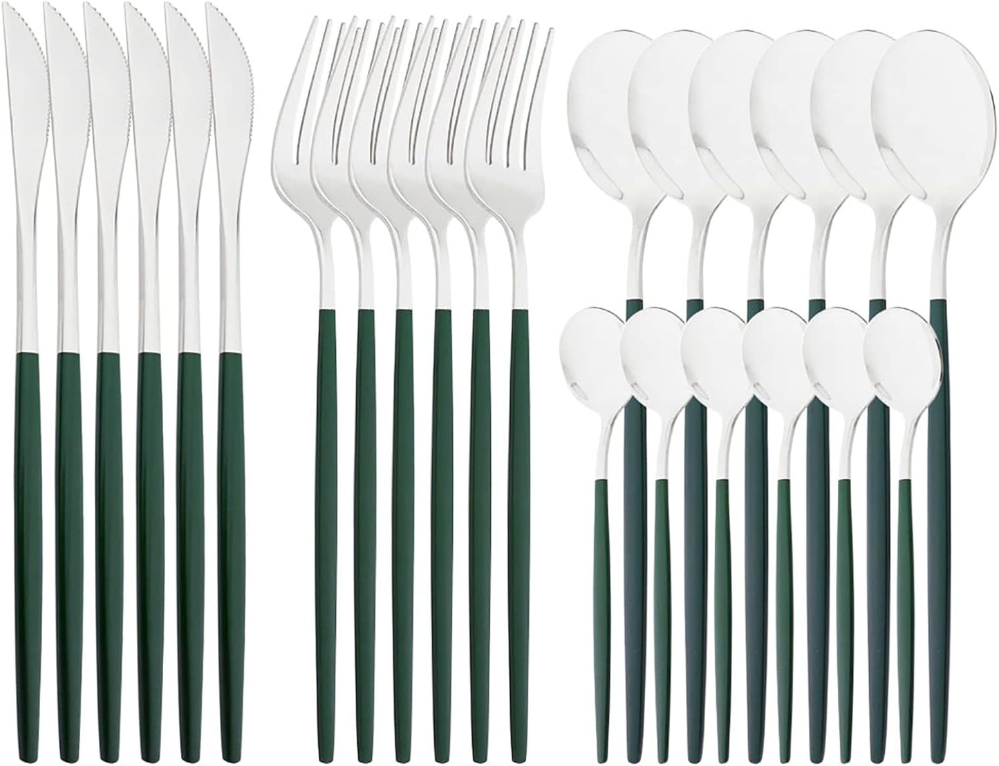 Mirror Cutlery Serving Set, 24-piece 18/0 Stainless Steel Silverware With Green Handle Simple & Modern Tableware For Home Party Restaurant Christmas Dinner, Service For 6 (Green Silver)