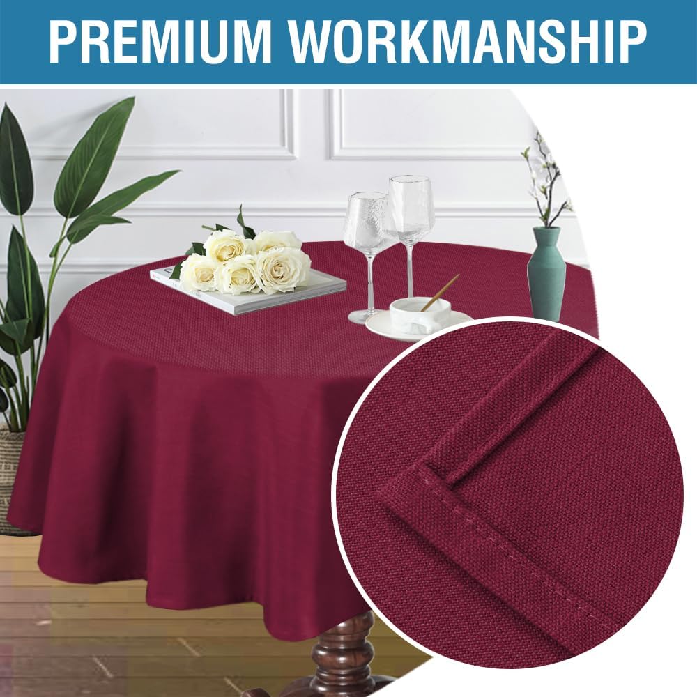 H.VERSAILTEX Linen Textured Table Cloths Round 60 Inch Premium Solid Tablecloth Spill-Proof Waterproof Table Cover for Dining Buffet Feature Extra Soft and Thick Fabric Wrinkle Free, Christmas Red