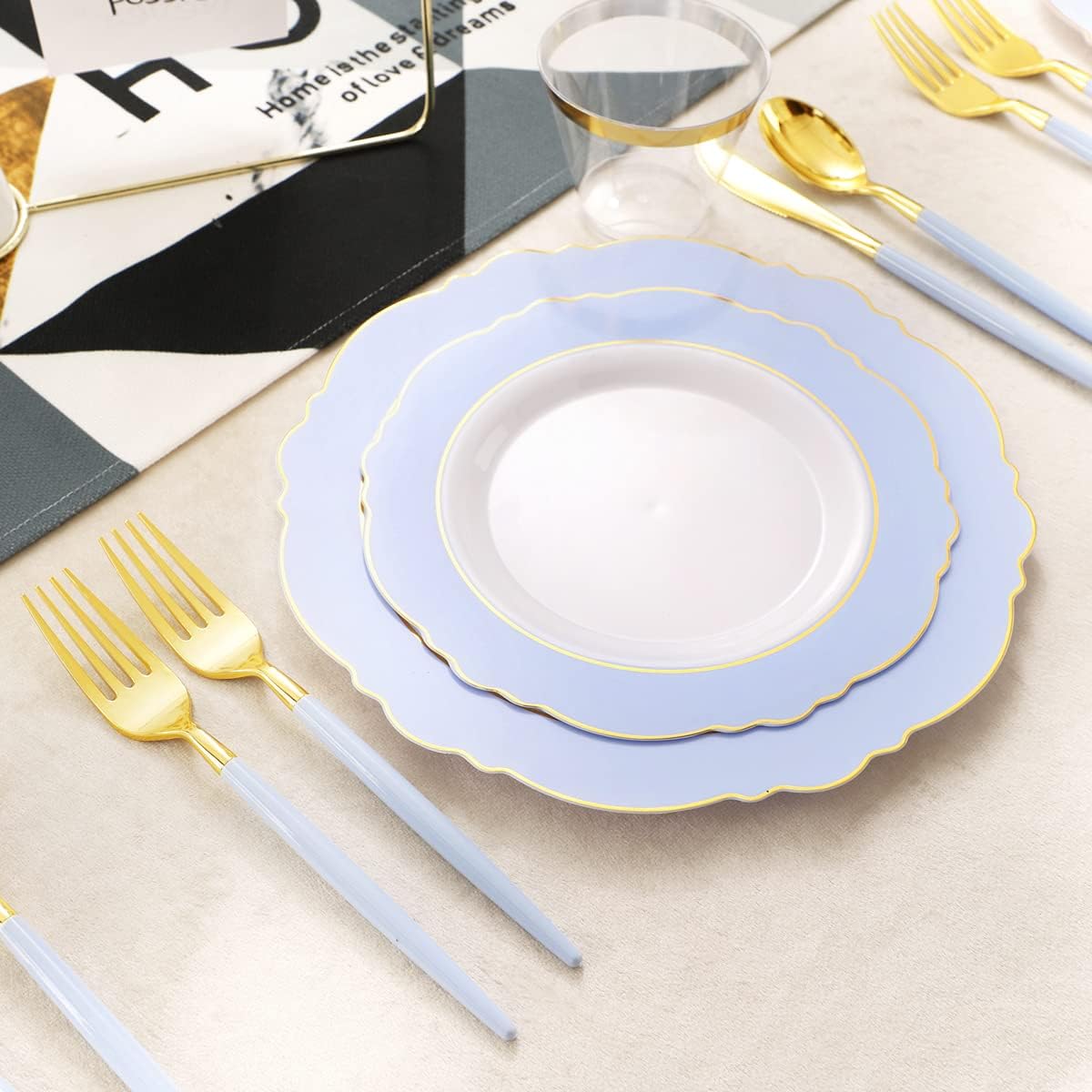 WDF 150pieces Baby Blue Plastic Plates with Gold Rim - Disposable Gold Plastic Silverware With Blue Handle-Baroque Light Blue&Gold Disposable Plates Dinnerware for Wedding/Party