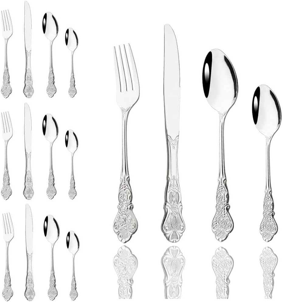 JASHII Silverware Set 24 Piece Family Dinnerware Set Flatware Set for 6, Silver Tableware Set Great for Family Gatherings & Daily Use-Spoons, Knives, Teaspoons, Forks (Silver）
