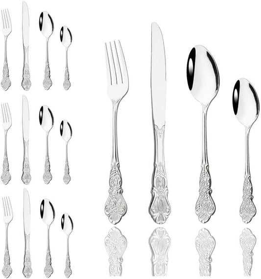 JASHII Silverware Set 24 Piece Family Dinnerware Set Flatware Set for 6, Silver Tableware Set Great for Family Gatherings & Daily Use-Spoons, Knives, Teaspoons, Forks (Silver）