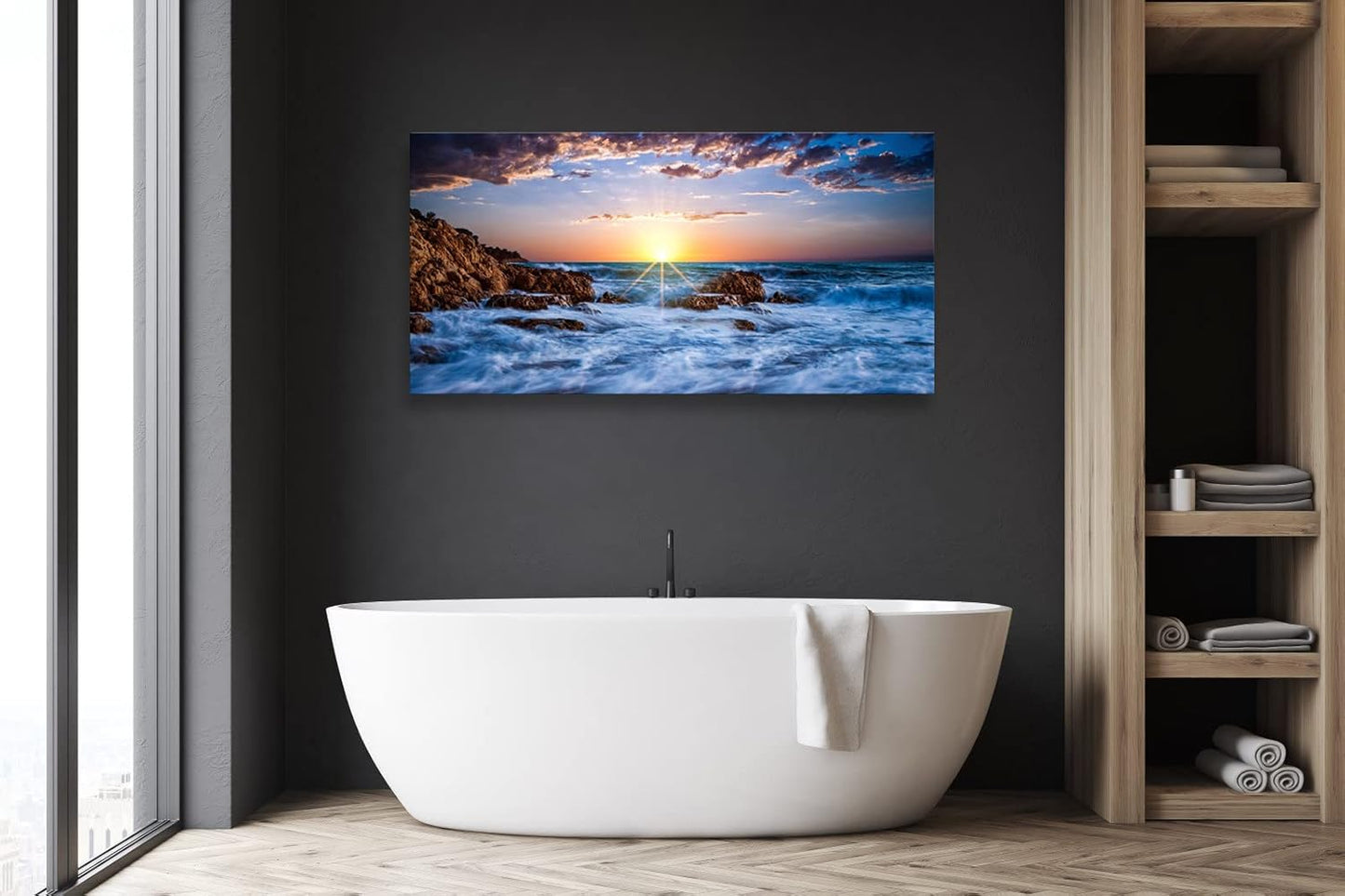 Muolunna BK05850 Wall Art Decor Canvas Print Picture Sunset Blue Ocean 1 Panel Sea Waves Scenery Painting Artwork for Office Wall Decor Home Decoration Stretched and Framed Ready to Hang 20x40inch