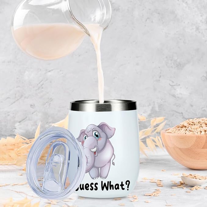 Cute Funny 12 oz Tumbler, Wine Tumbler Insulated Wine Glass with Lid, Elephant Gifts Elephant Supplies Accessories for Women Girls Boys Daughter Sister Animal Lovers Friendship Christmas Birthday