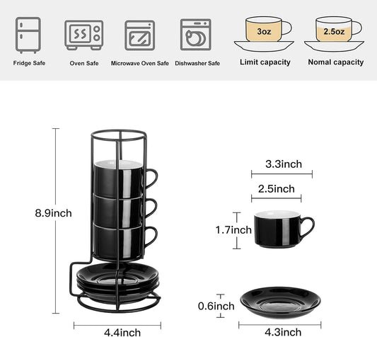 2.5oz Porcelain Stackable Espresso Cups with Saucers and Metal Stand Set of 4, Stackable Cappuccino Cups, Black Expresso Shots Cup Set for Coffee Drinks, Latte, Tea