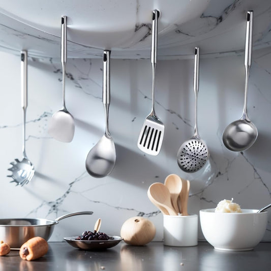 316 Stainless Steel Cooking Tool Set: saute pan spatula ladle, skimmer slotted, pasta, serving spoon, slotted spatula seasoner, dishwasher safe.