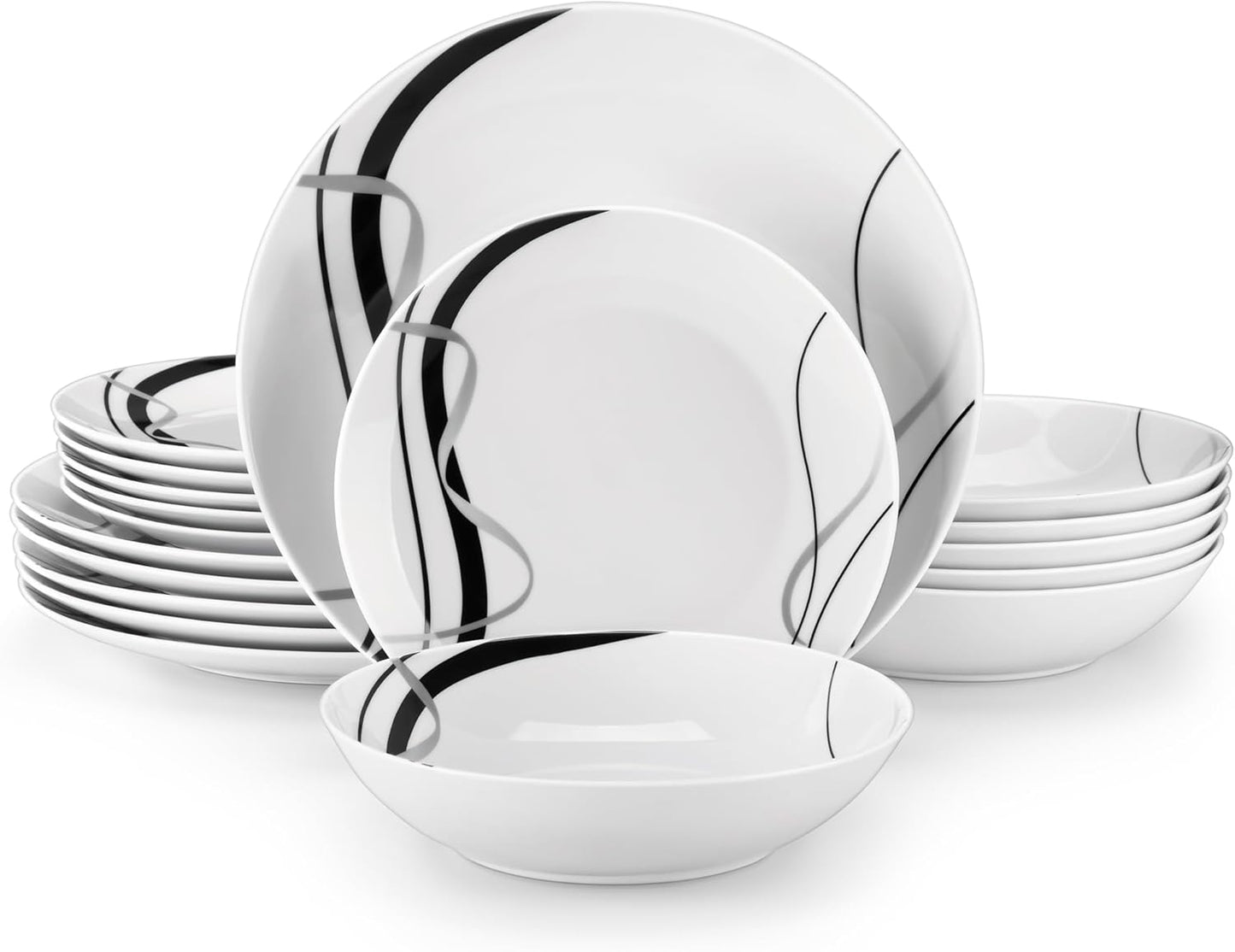 VEWEET Porcelain Dinnerware Sets for 6, 18 Pieces Plates and Bowls Set with Black and Grey Ribbon Lines, Dishes Set Dining Ware for Dinner, Microwave and Dishwasher Safe, Series FIONA