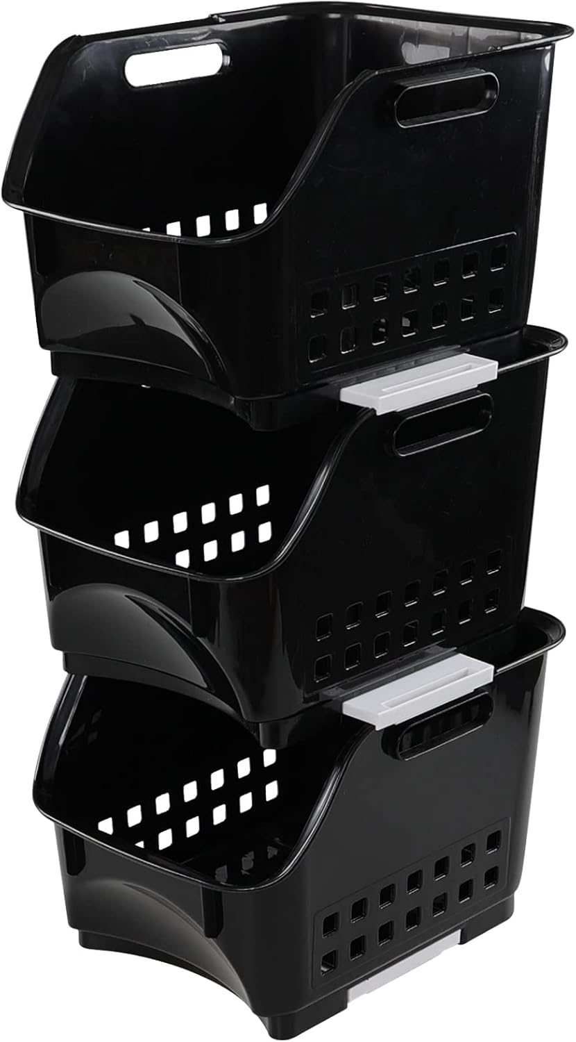 3-Pack Plastic Stacking Bins, Stackable Storage Basket, Black