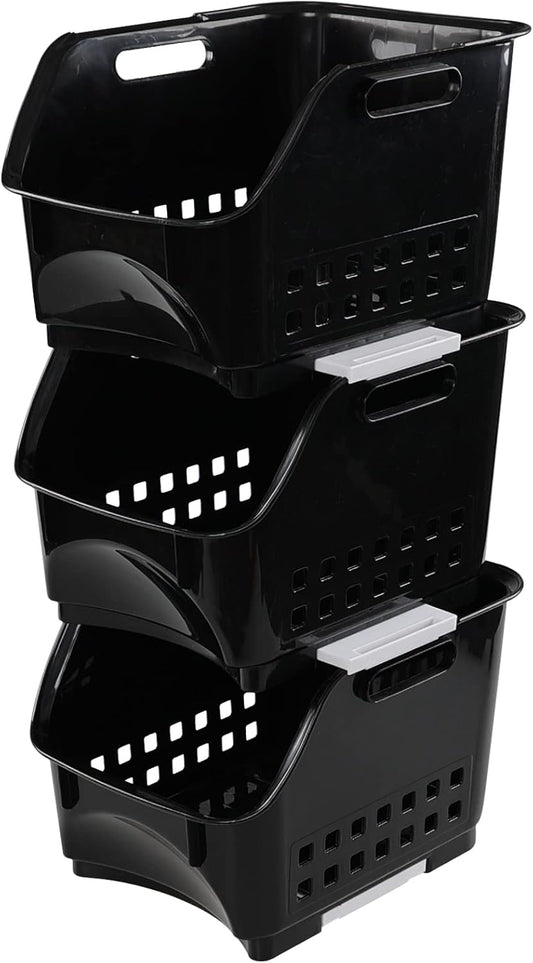 3-Pack Plastic Stacking Bins, Stackable Storage Basket, Black