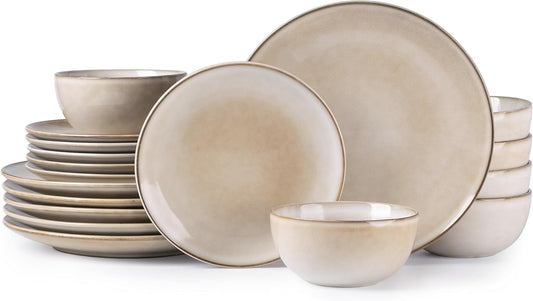 GBHOME Ceramic Dinnerware Sets for 6, 18 Pieces Stoneware Plates and Bowls Sets, Reactive Glaze Dishes -Scratch Resistant, Dishwasher&Microwave Safe-Cappuccino