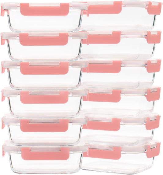 Glass Meal Prep Containers 12-Pack, 22oz Glass Food Storage Containers with Lids, Air-Tight, Leak-Resistant, Freezer to Microwave Safe-Pink Set