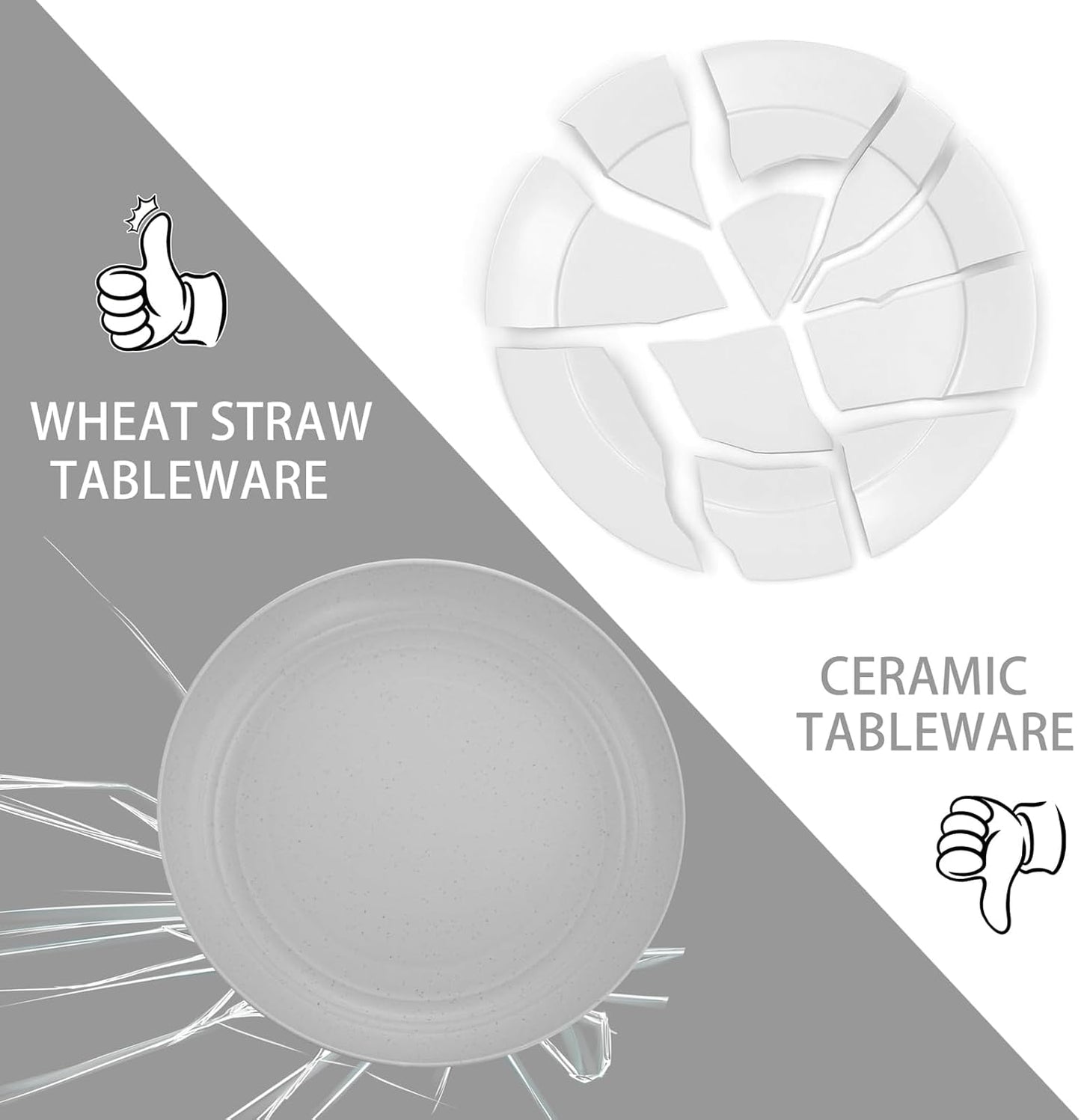 LIYH 48 Pcs Light Grey Plastic Wheat Straw Dinnerware Plates and Bowls Set,Camping Dish Set for 12, Dishwasher Safe Dinnerware Sets, Unbreakable Plates,Camping Dish Sets