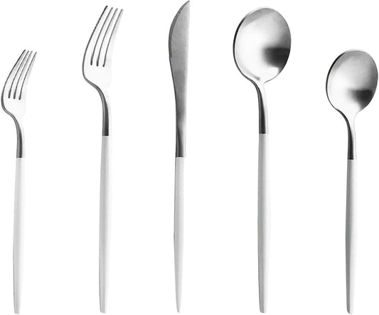 Matte Silverware Set, 10-Piece 18/10 Stainless Steel Satin Finish Flatware Set Service for 2, Kitchen Utensil Set, Tableware Cutlery Set for Home Restaurant (White Handle Silver, 10-Piece)