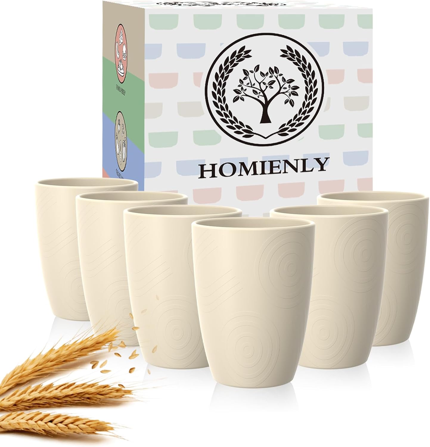 Homienly Wheat Straw Cups, Alternative to Plastic Cups Set of 6, Premium Drinking Glasses - 12 OZ, Unbreakable Drinking Cup, Dishwasher & Microwave Safe Tumbler Cup for Kitchen, Kids, Picnic - Beige