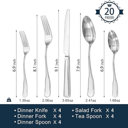 KINGSTONE 20-Piece Silverware Set, 18/10 Stainless Steel Flatware Set for 4, Tableware Cutlery Set, Utensil Sets for Home Restaurant, Mirror Finish, Dishwasher Safe
