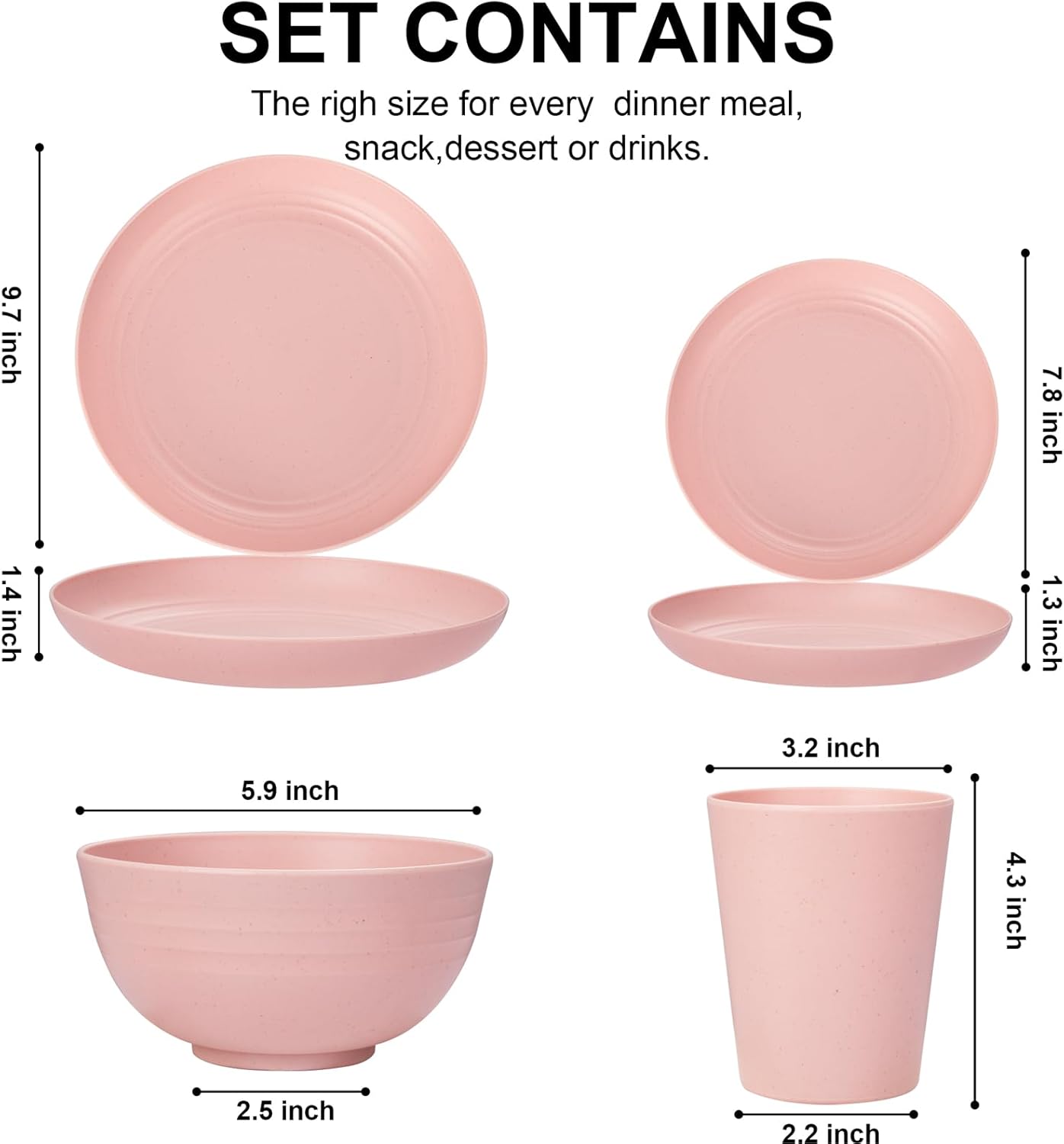 Rubtlamp 16Pcs Plastic Wheat Straw Dinnerware Set, Reusable Plastic Plate Set for 4, Kitchen Plates And Bowls Set (Pink) Include Dinner Platos, Dessert Platos, Cereal Bowls, Cups for Daily, Camping