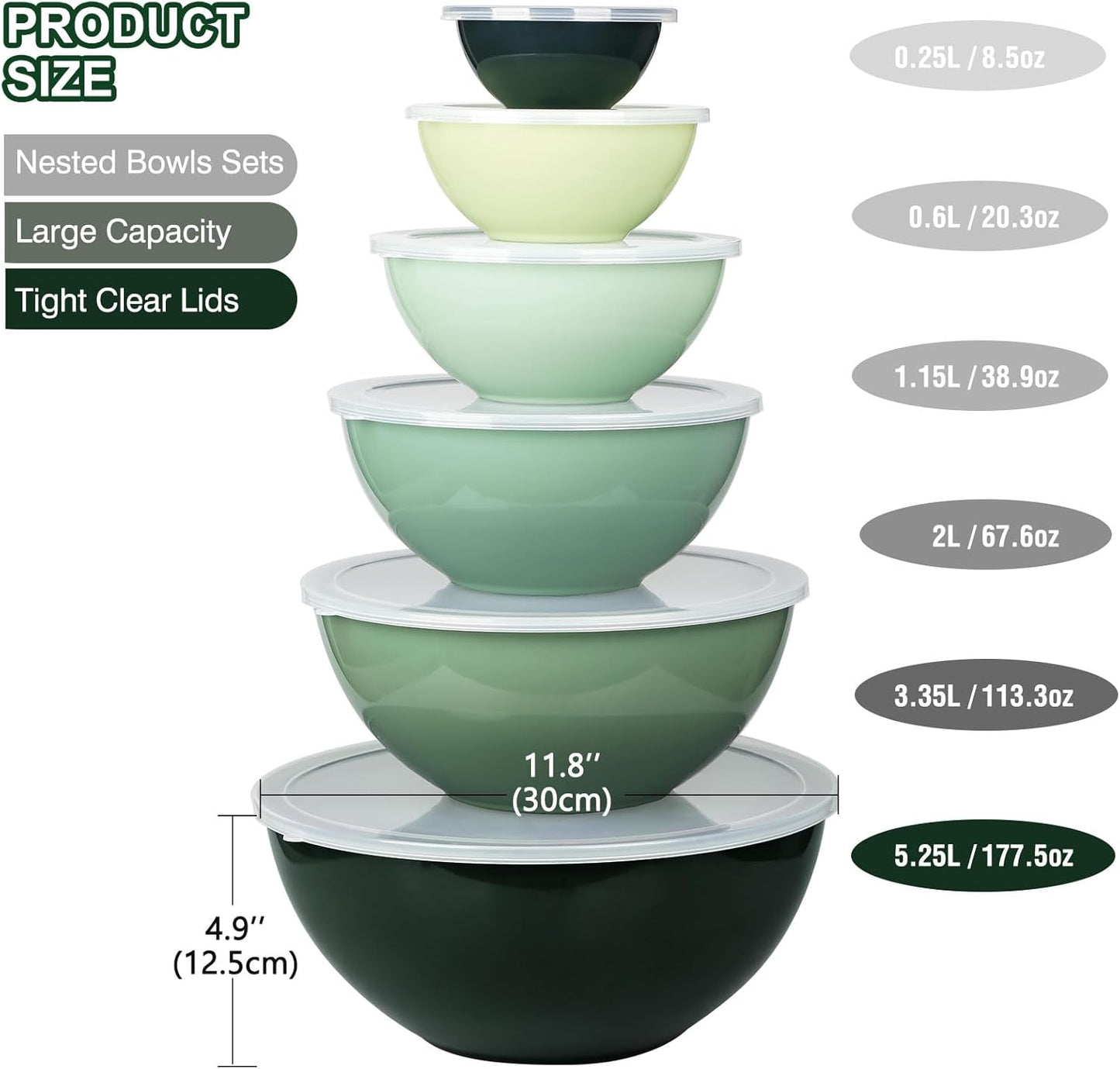 6-Piece Plastic Mixing Bowl Set with Lids for Kitchen, Nesting Storage Bowls for Baking, Prepping,Cooking and Serving Food, Dishwasher, Microwave Safe,Great for Mixing & Serving (6 Set-Green)