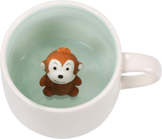 Surprise 3D Coffee Mug Animal Inside Cup 12 oz with Monkey,Cute Cartoon Handmade Ceramics Cup,Christmas Birthday Surprise for Friends Family or Kids (Monkey)