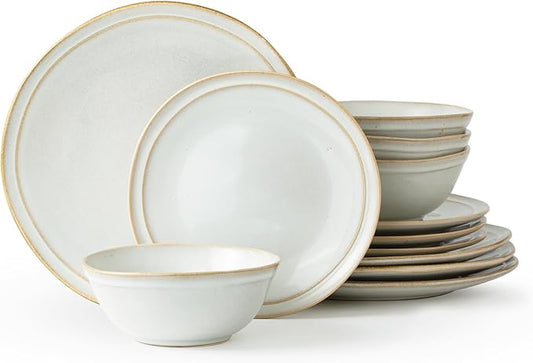 Famiware Aegean Stoneware Dinnerware Set for 4, Plates and Bowls Sets, 12-Piece Scratch-Resistant Dinner Plate Set, Handmade Irregular Round Dishes - Microwave and Dishwasher Safe, Cappuccino White