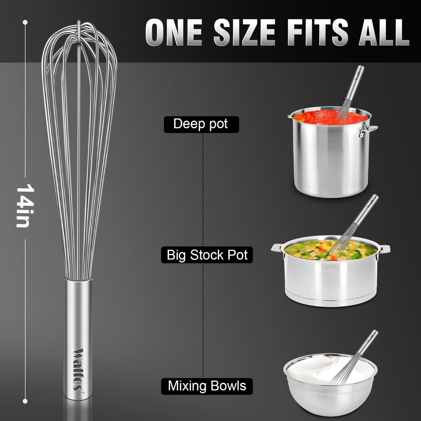 Walfos Whisk,14in Large Whisks, Heavy Duty Stainless Steel Wire Whisk for Blending, Whisking, Beating Suitable for stirring and mixing containers such as deep pots or big bowl at home or store.