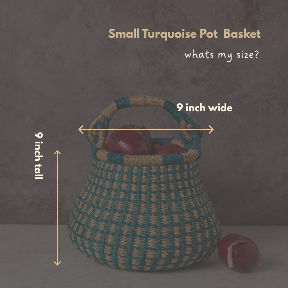Kitchen Decor, Kitchen Storage, Fruit Bowl, Wicker Basket, Woven, Shelf Decor, Decorative Bowl, Harvestng Basket, Boho, African, Bolga, Pot Shape, 9" W, Small, Turquoise