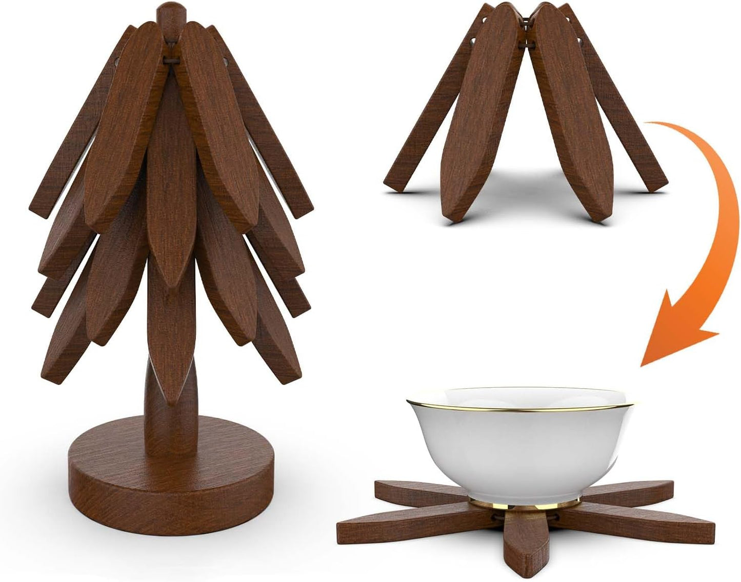 Wooden Trivets for Hot Dishes, Tree Shape Trivet Set, 4 Wooden Trivets+1 Stand, Natural Foldable Kitchen Wooden Trivet for Hot Dishes, Pot, Bowl, Teapot, Hot Pot Holders