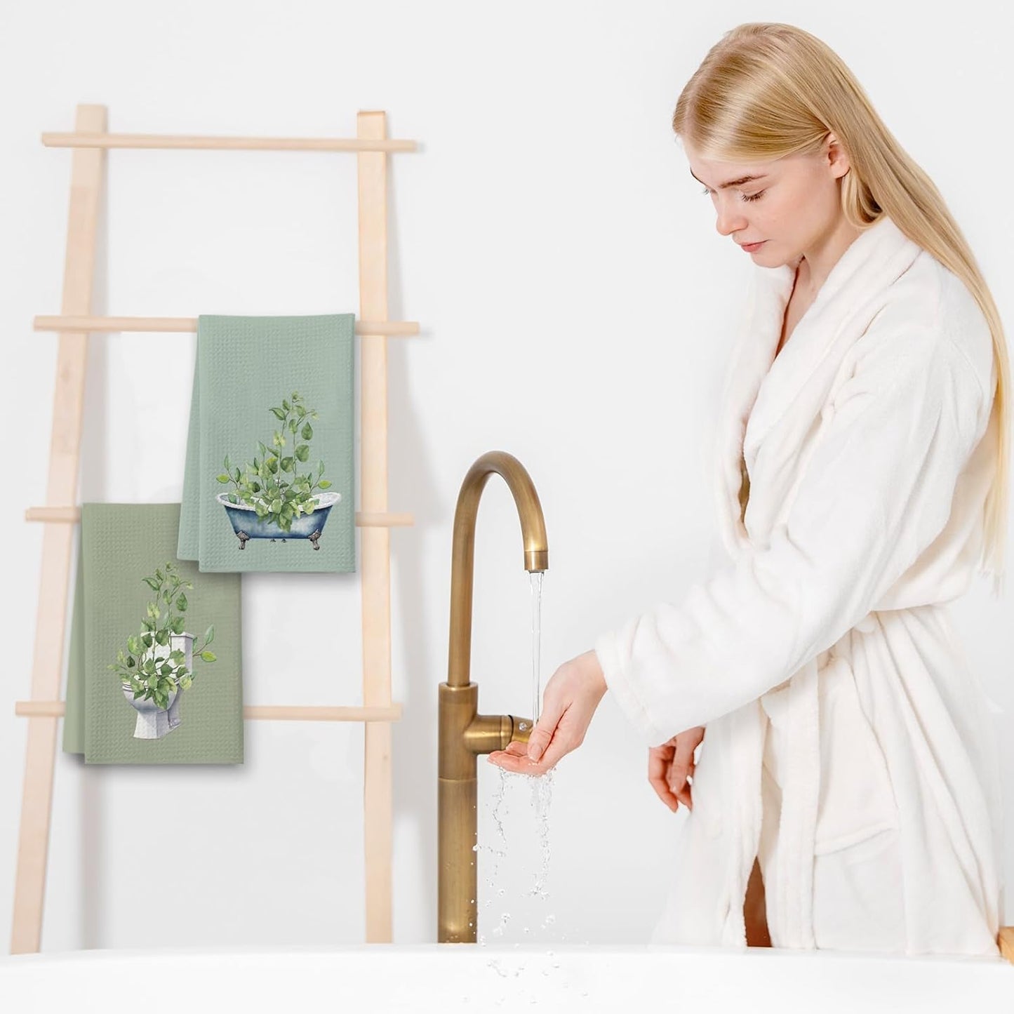 Sage Green Kitchen Towels, Leaves Toilet Bathtub House Hand Towel Set of 2, Farmhouse Gifts for Home Bathroom Holiday Decor - A10