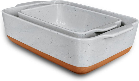Mora Ceramic Set of 2 Baking Dishes For Casserole, Banana Bread, Brownies, Broiling, Roasting, and Baking. 7x11 in and Loaf Pans - Porcelain Serving Bakeware from Oven to Table. Freezer Safe - Grey