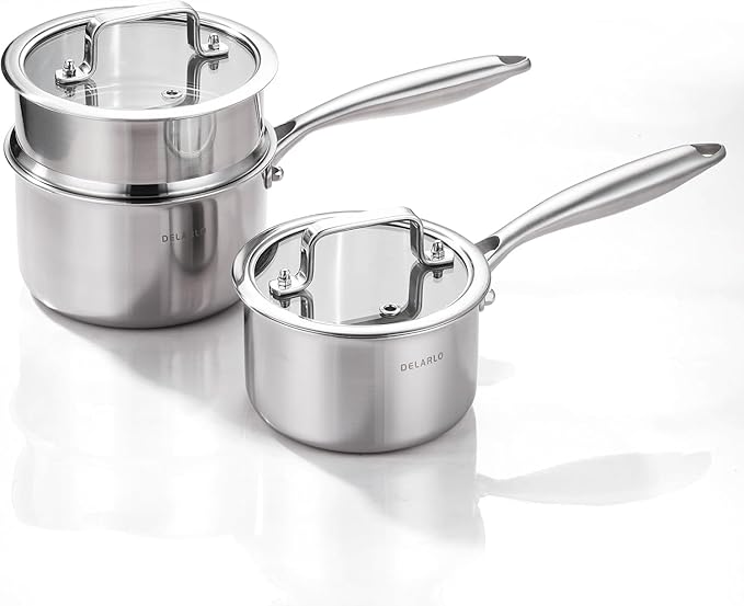 1Qt and 2Qt Triple Stainless Steel Saucepan with Lid, Ramen Pot with Clear Glass Cover, Small Sauce Pan for Cooking Oatmeal, Induction-Ready, Dishwasher-Safe, Suitable for All Stoves