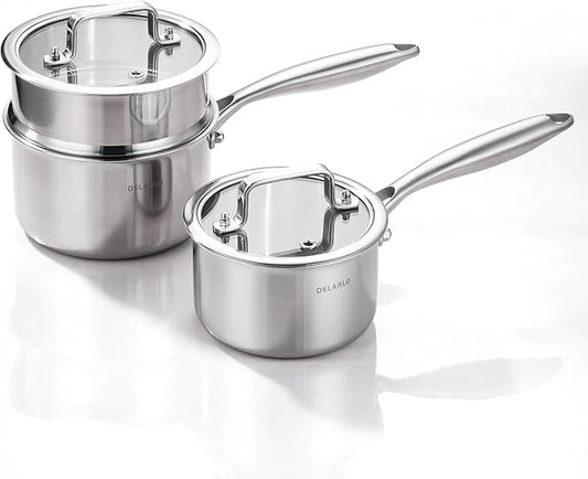 1Qt and 2Qt Triple Stainless Steel Saucepan with Lid, Ramen Pot with Clear Glass Cover, Small Sauce Pan for Cooking Oatmeal, Induction-Ready, Dishwasher-Safe, Suitable for All Stoves