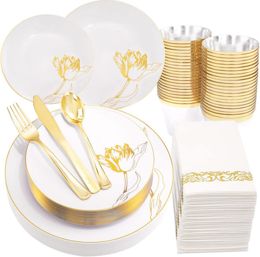 Nervure 175PCS White Plastic Plates - Floral White Gold Disposable Plates Include 50Plates, 25Forks, 25Knives, 25Spoons, 25Cups, 25Napkins Perfect for Wedding & Party