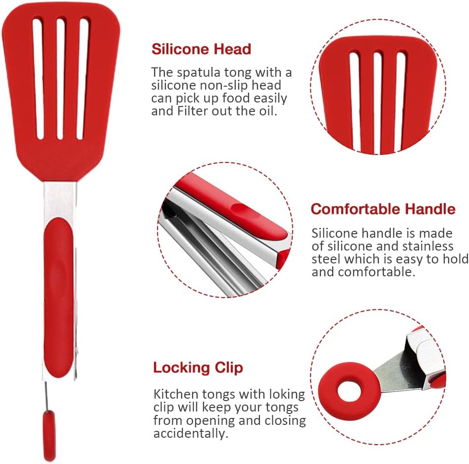 Mini Silicone Serving Tongs Set of 3, Small Kitchen Tongs (7 inch) with Silicone Tips and Stainless Steel Handle, Small Tongs for Steaks, Salads, Vegetables(Red)